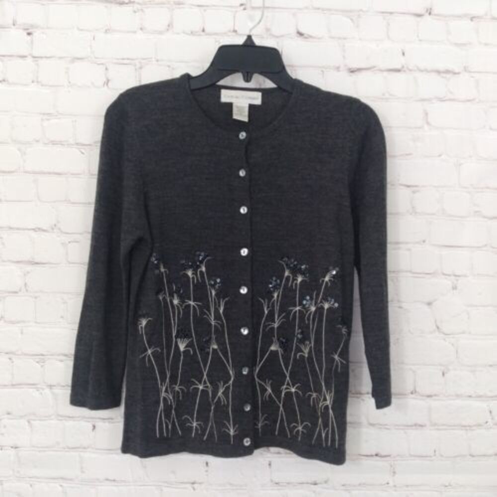 Casual Corner Cardigan Women Medium Gray Sequin Embroiered 3/4 Sleeve Wool Blend